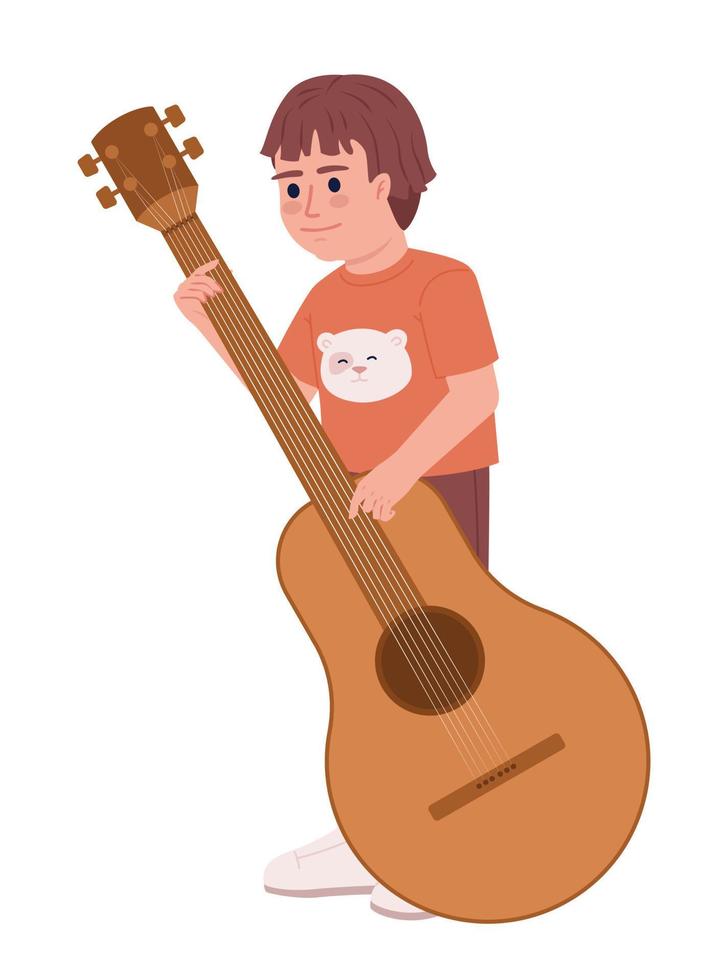 Little boy learning to play guitar semi flat color vector character. Editable figure. Full body person on white. Simple cartoon style spot illustration for web graphic design and animation
