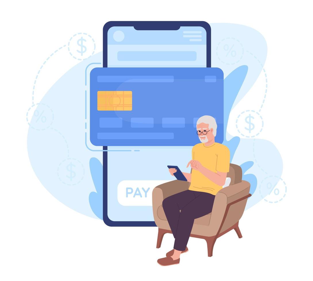 Mobile banking app for elderly flat concept vector spot illustration. Editable 2D cartoon character on white for web design. Senior citizen using card creative idea for website, mobile, magazine