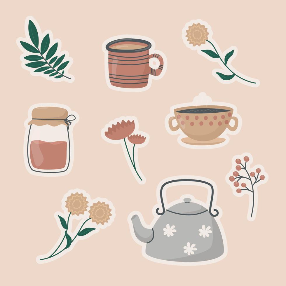 Vector illustration set of sticker icons. Cute doodle tea and coffee cups, teapot and glass jar, twigs with leaves and flowers. Background decoration in warm cozy colors.