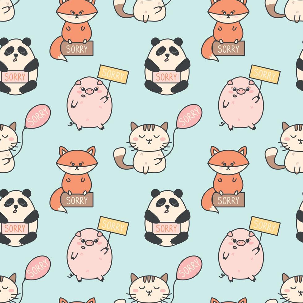Vector seamless pattern with cute apologetic cartoon animals, pig, panda, cat, fox. Balloon and signs with the inscription sorry.