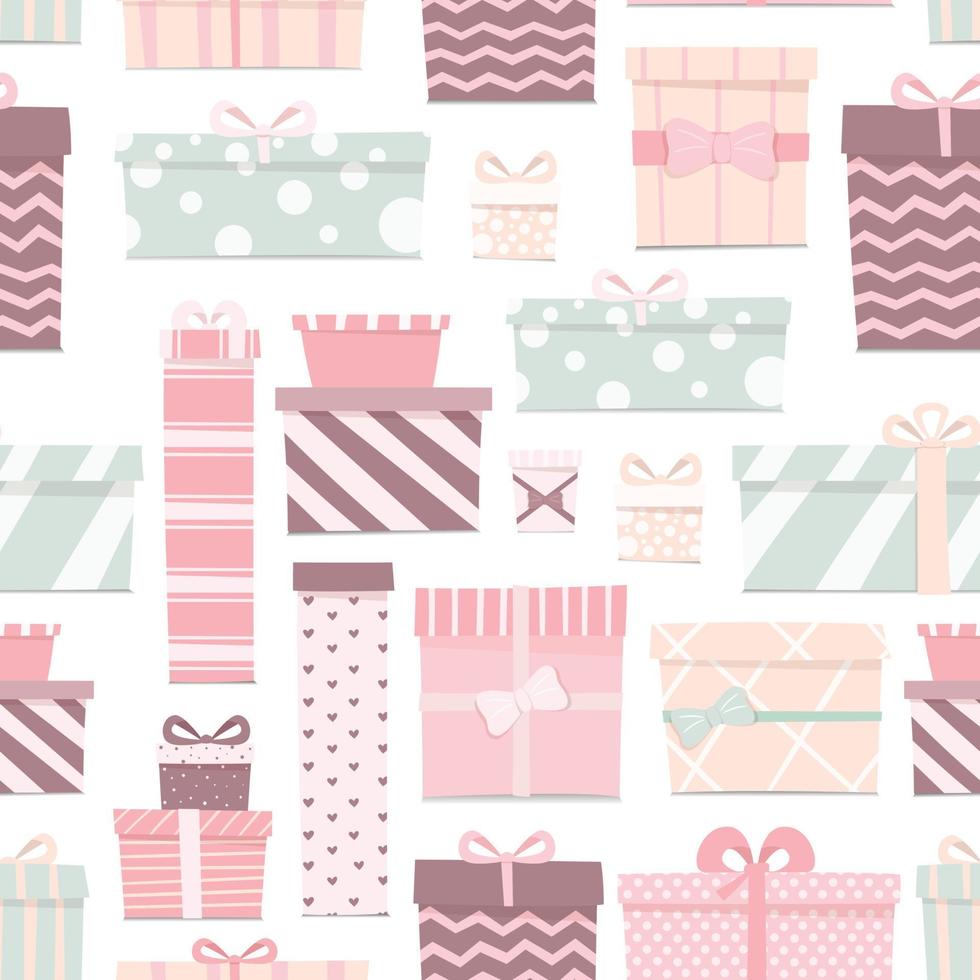 Vector illustration of a seamless pattern of cute gifts of different shapes and colors. Boxes with bows of delicate colors. Cartoon decorations for the festive background.