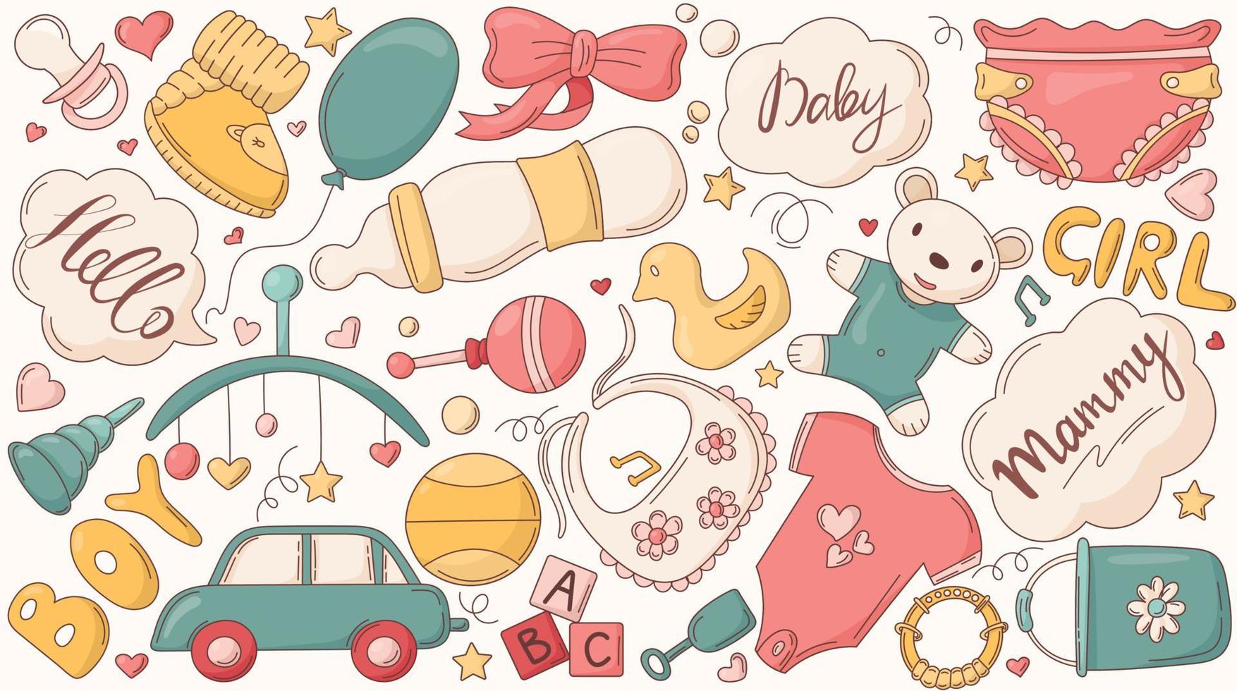 Set of isolated vector stickers for decoration on the theme of childhood and things for newborns. Cute icons of toys and items of clothing.