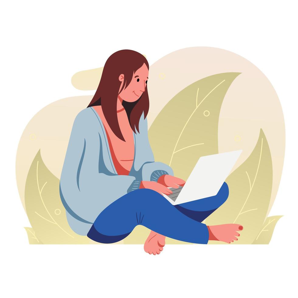 Vector flat illustration. Woman in front of a laptop. New normal, meeting with family and friends via video link. Abstract background with leaves.