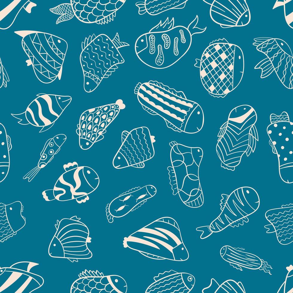 Vector doodle illustration seamless pattern. Cartoon fish on a blue background of different shapes, with patterns. Background decoration, stickers.
