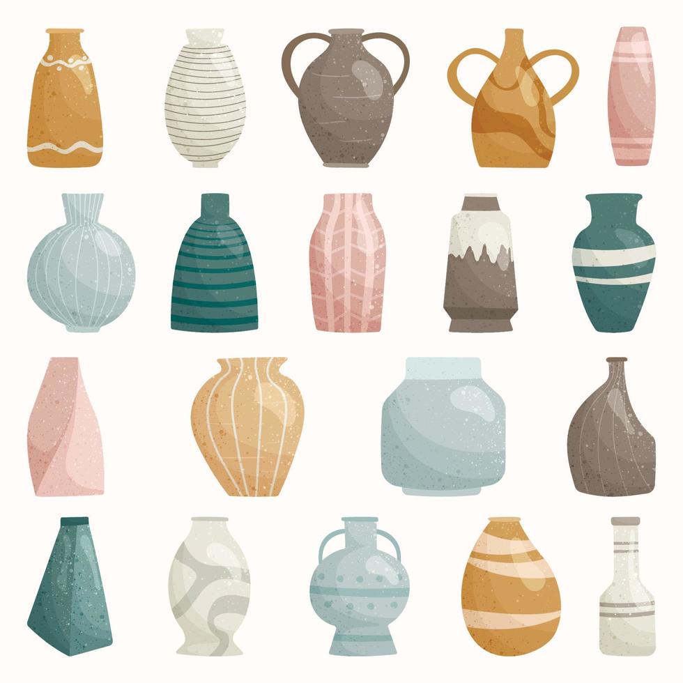 conjunto de jarrones de moda aislados de vectores de color para plantas y flores, decoraciones interiores de varias formas y tamaños. colección de productos cerámicos sobre fondo blanco, vasijas antiguas y tazas.