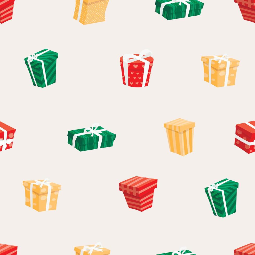 Vector illustration seamless pattern with boxes. Multicolored cartoon gifts with bows. Festive decor for the background.