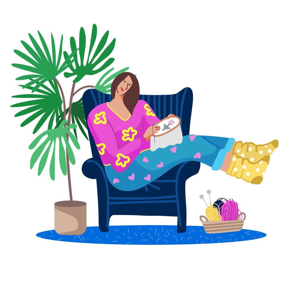 Cross Stitch Hobby Illustration Featuring Young Woman Relaxing in Blue Chair vector