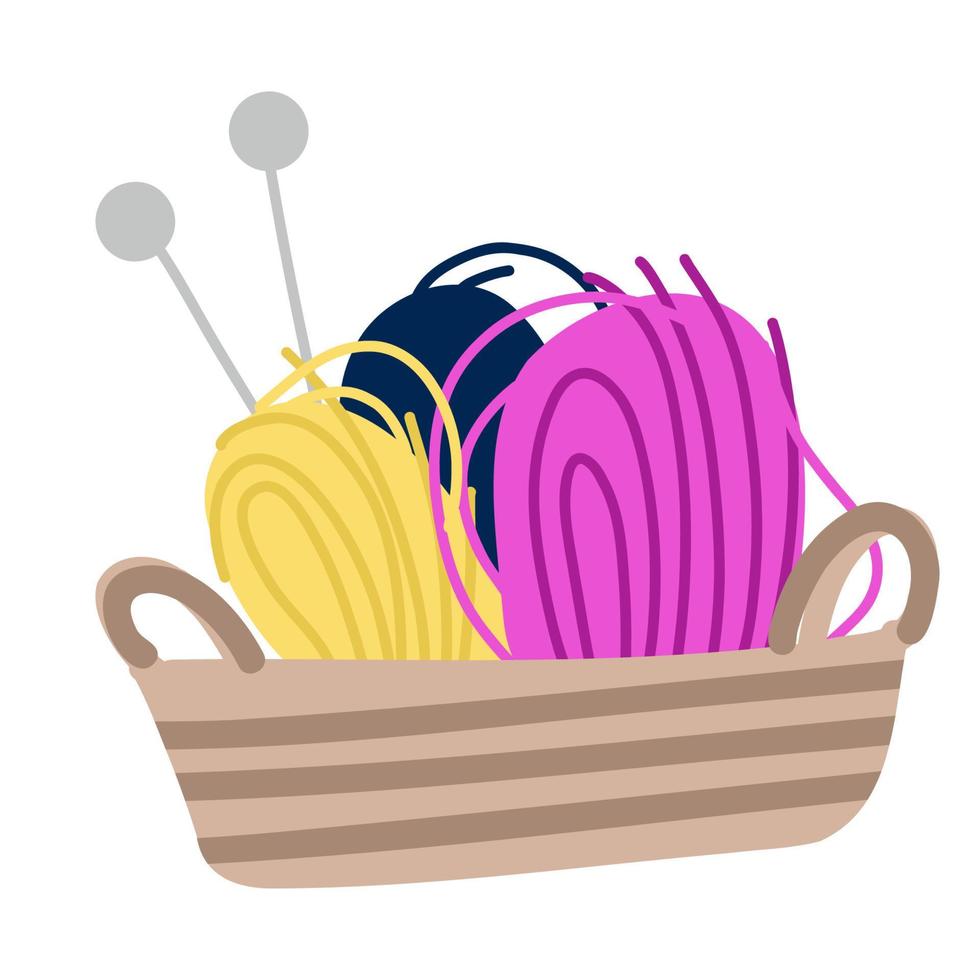 Vector Illustration of a Basket of Colorful Yarn and Knitting Needles