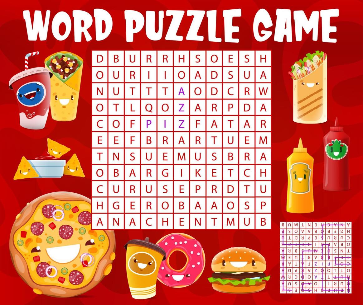 Word search puzzle game cartoon takeaway fast food vector
