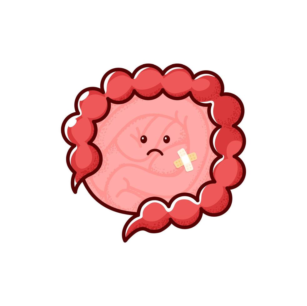 Cartoon sick intestines character with colon, guts vector