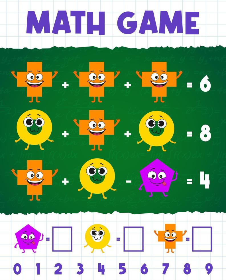 Math shape characters, math game worksheet quiz vector