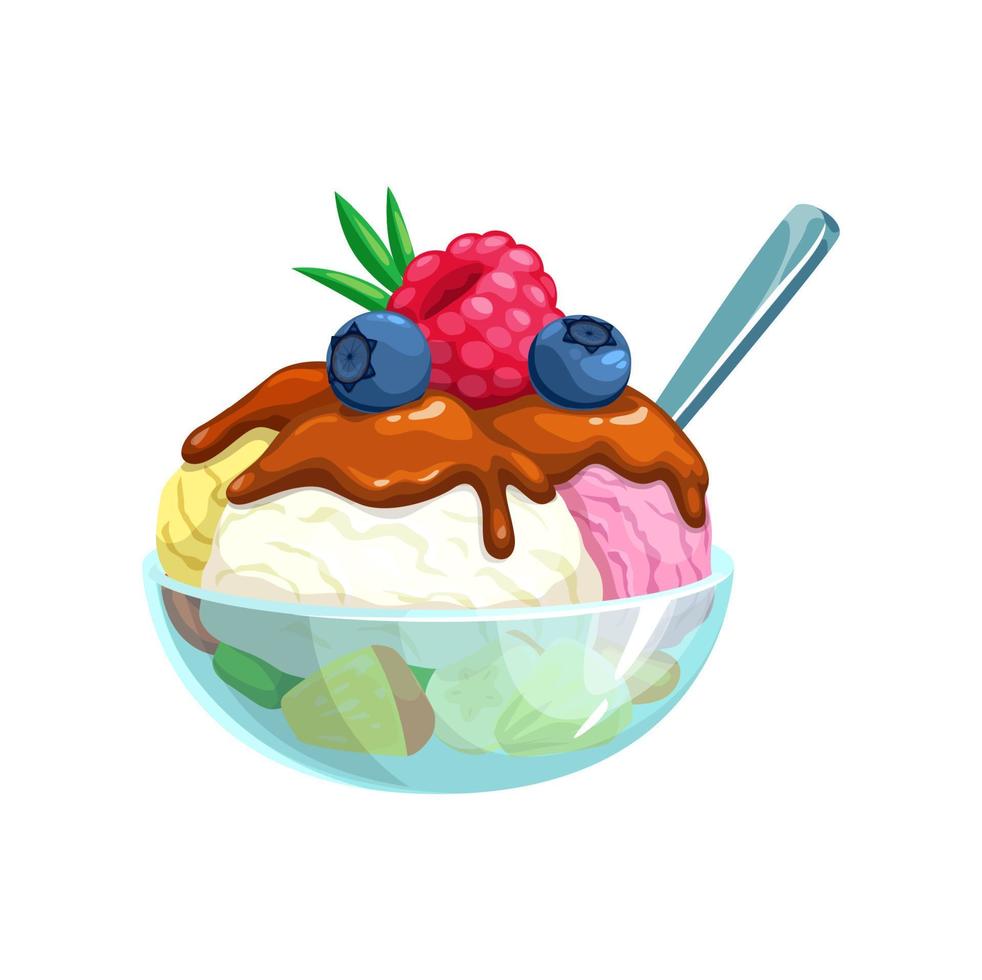 Cartoon ice cream sundae with fruits in glass cup vector