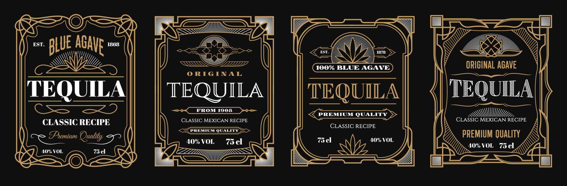 Vintage tequila labels, alcohol frames backgrounds vector