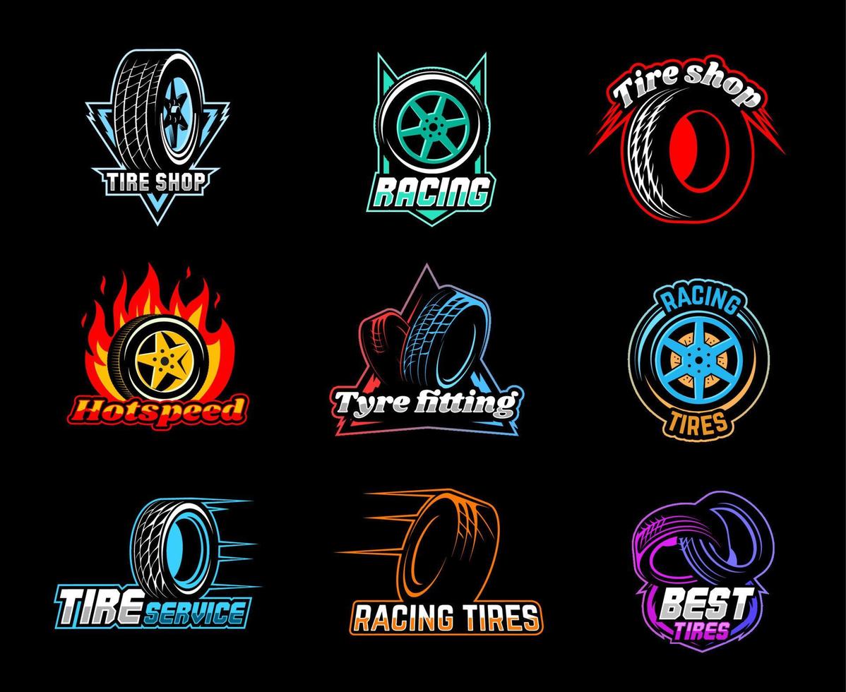neumático, neumático iconos, auto deporte, carrera coche ruedas tienda vector