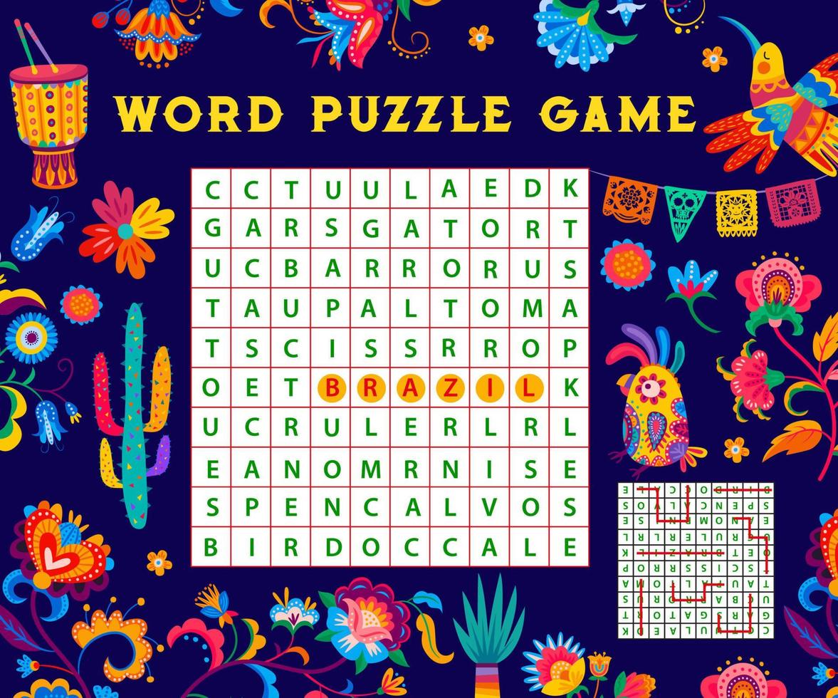 Brazilian word search puzzle game, quiz worksheet vector