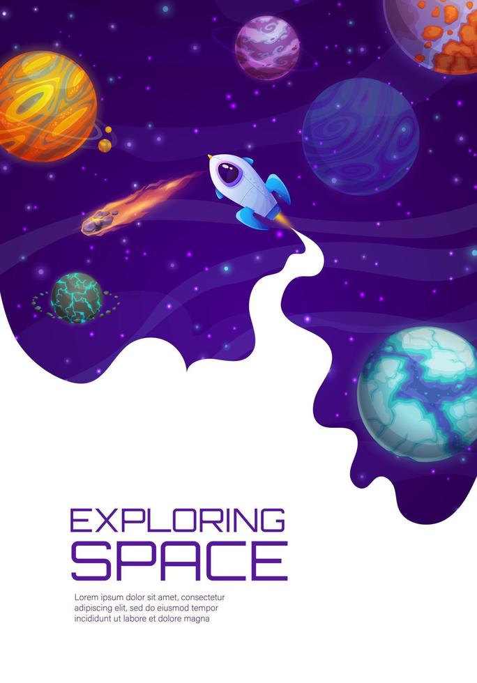 Landing page space, cartoon rocket in star galaxy vector