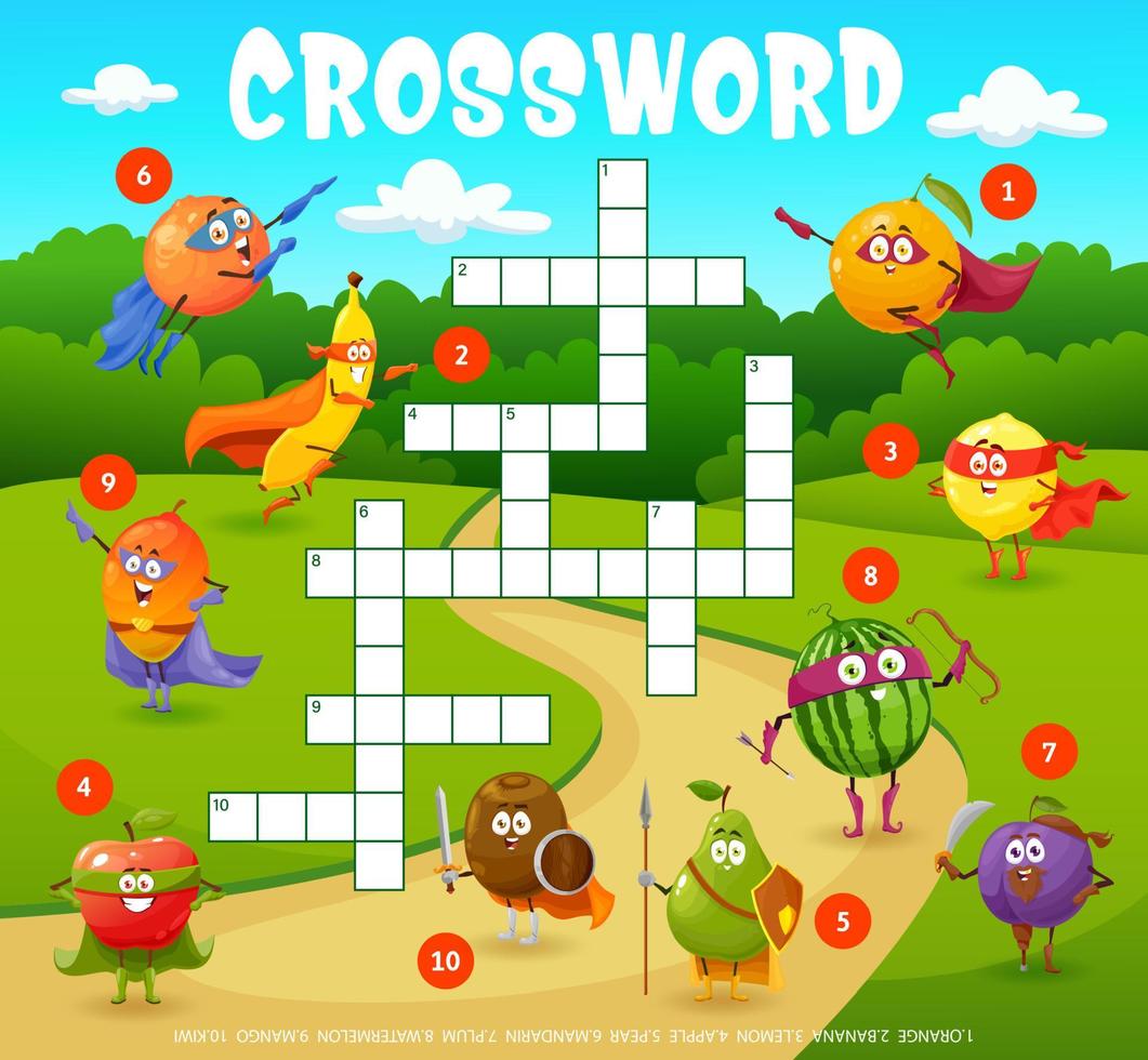 Crossword grid with fruits superhero characters vector