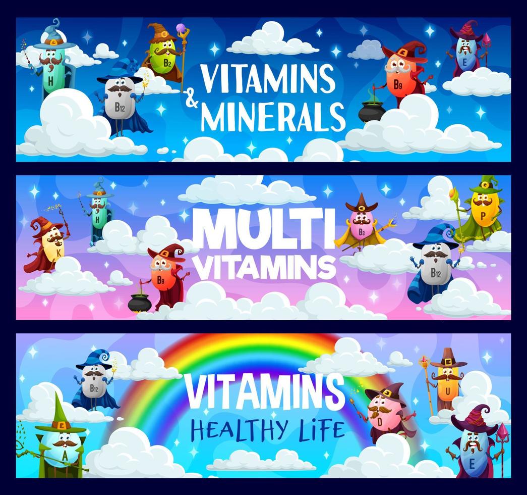 Cartoon vitamin wizard characters on clouds banner vector