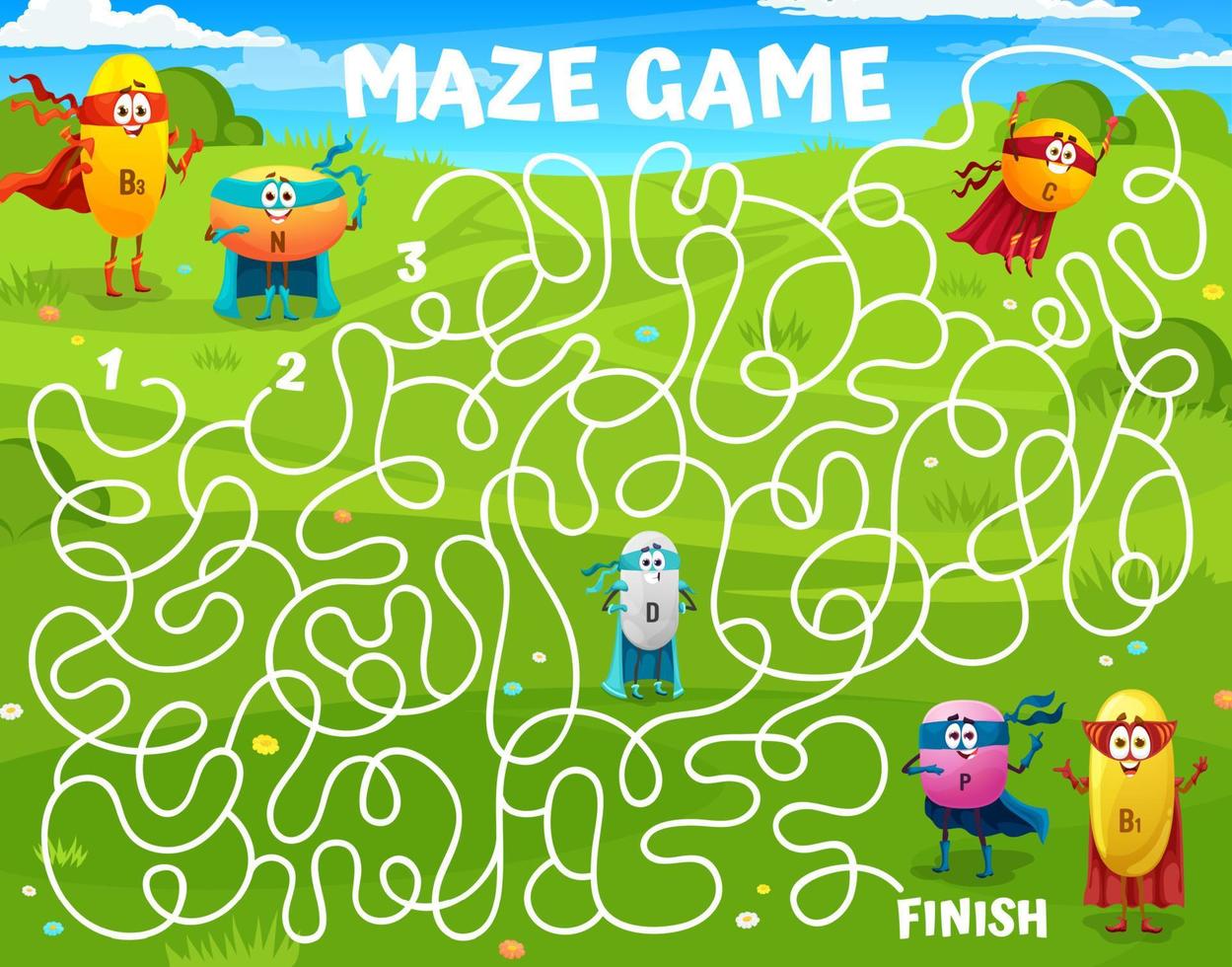 Labyrinth maze with superhero vitamin characters vector