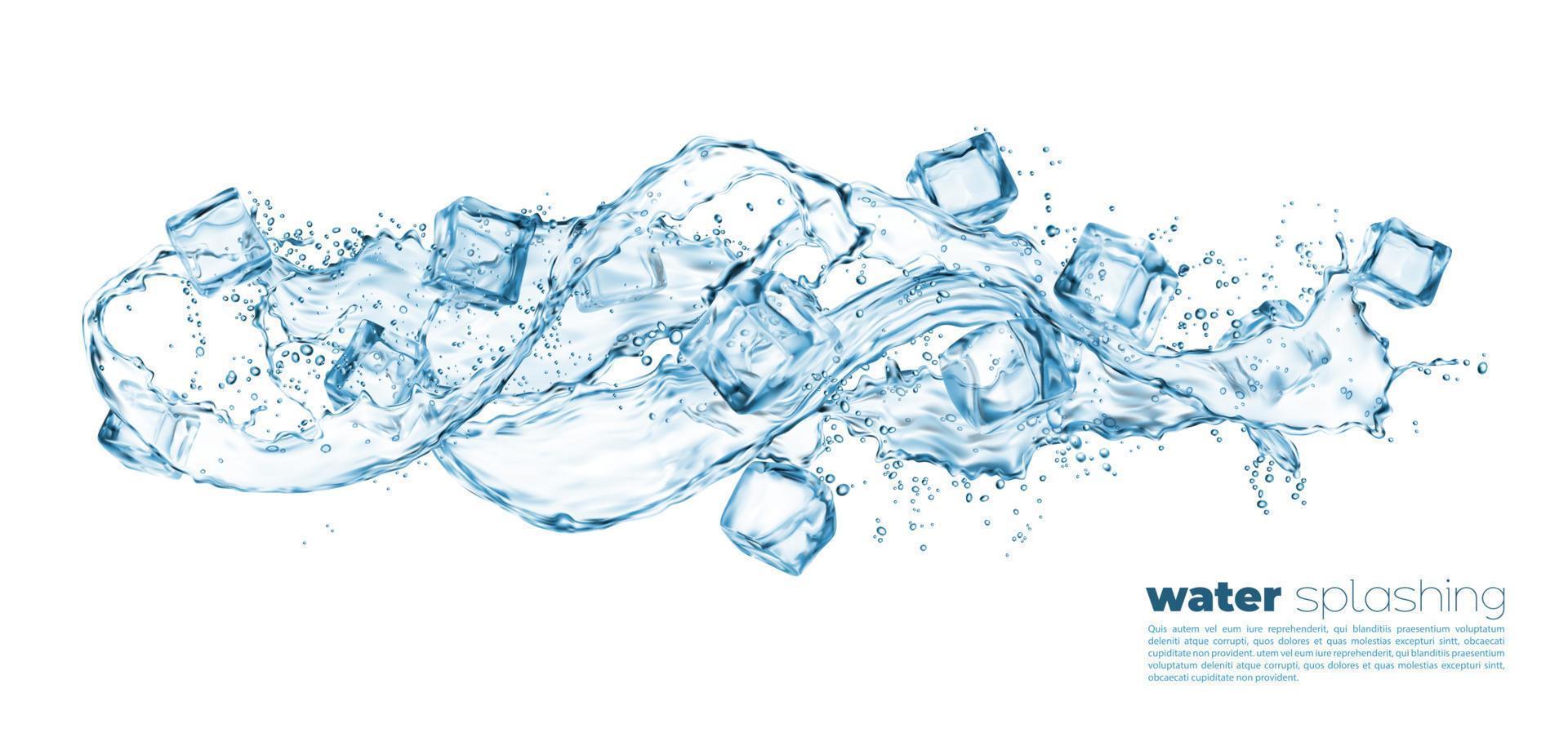 Blue water wave splash, ice crystal cubes, blocks vector