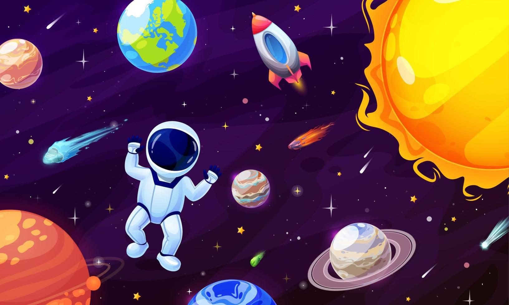 Cartoon astronaut character, space planet and star vector