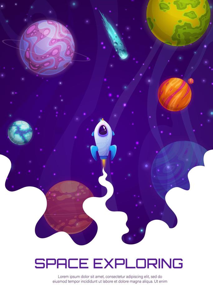 Landing page, rocket launch and space planets vector