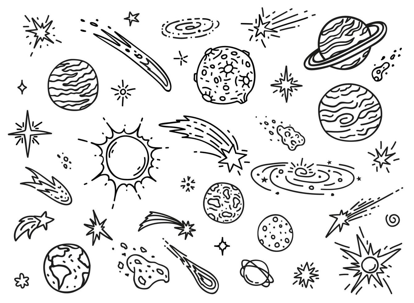Doodle space planets, stars, comets and asteroids vector