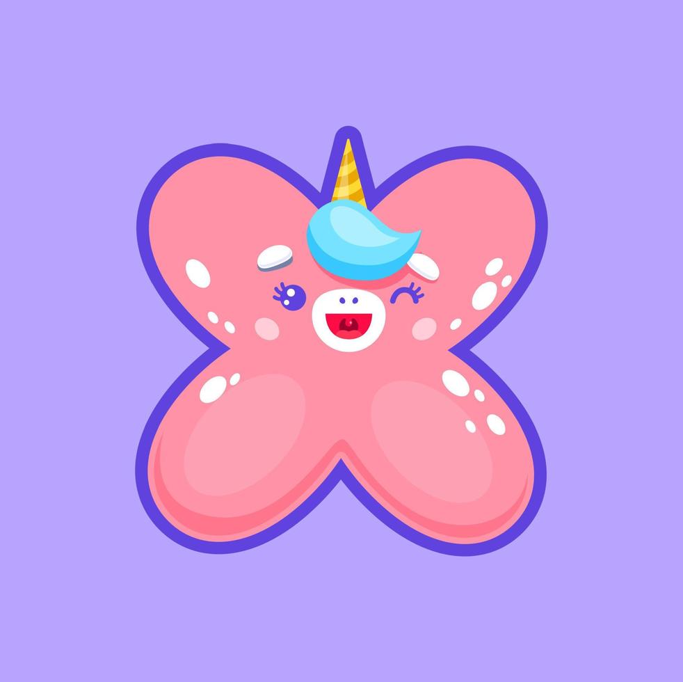 Letter X unicorn ABC alphabet font, cute character vector