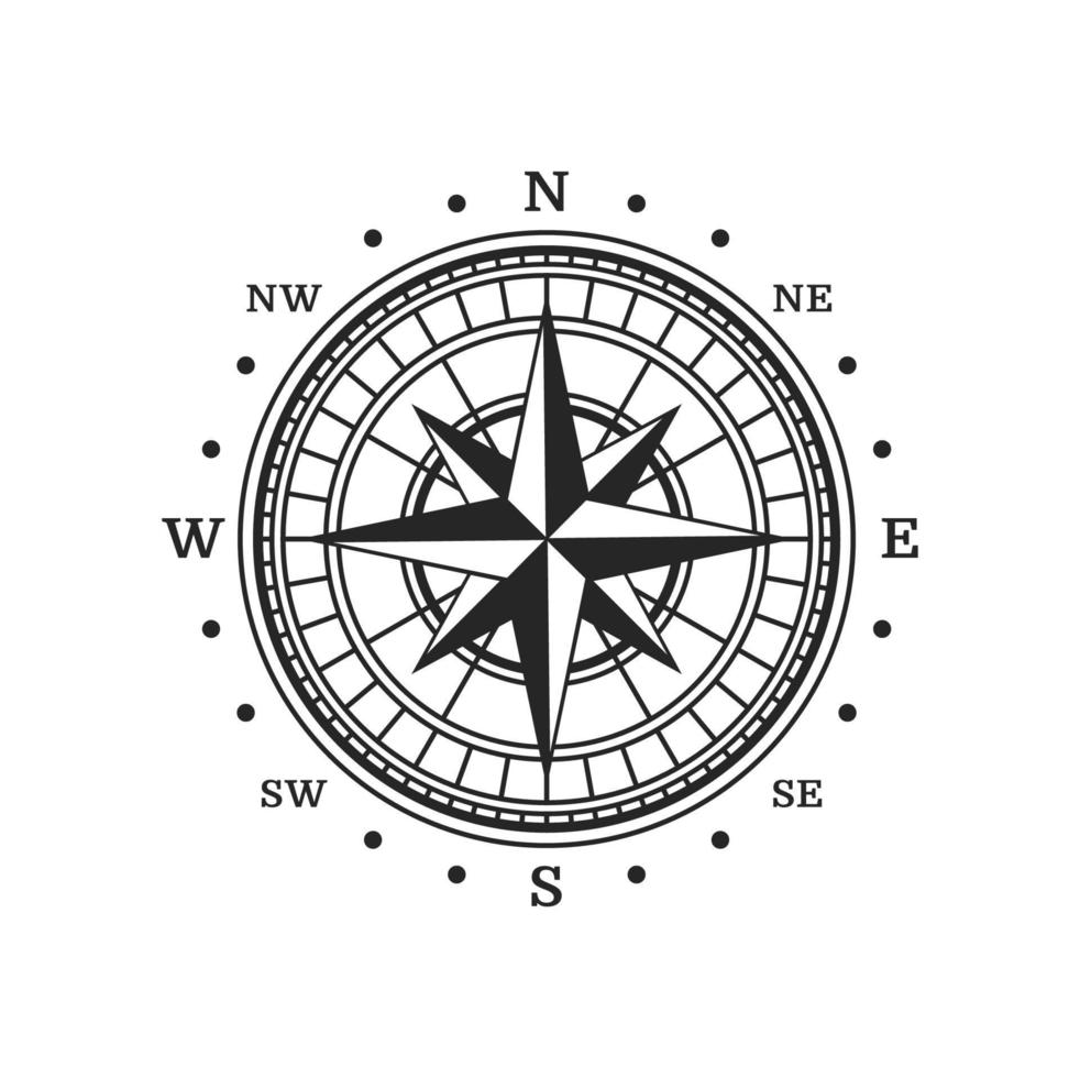 Old compass wind rose or star, nautical travel vector