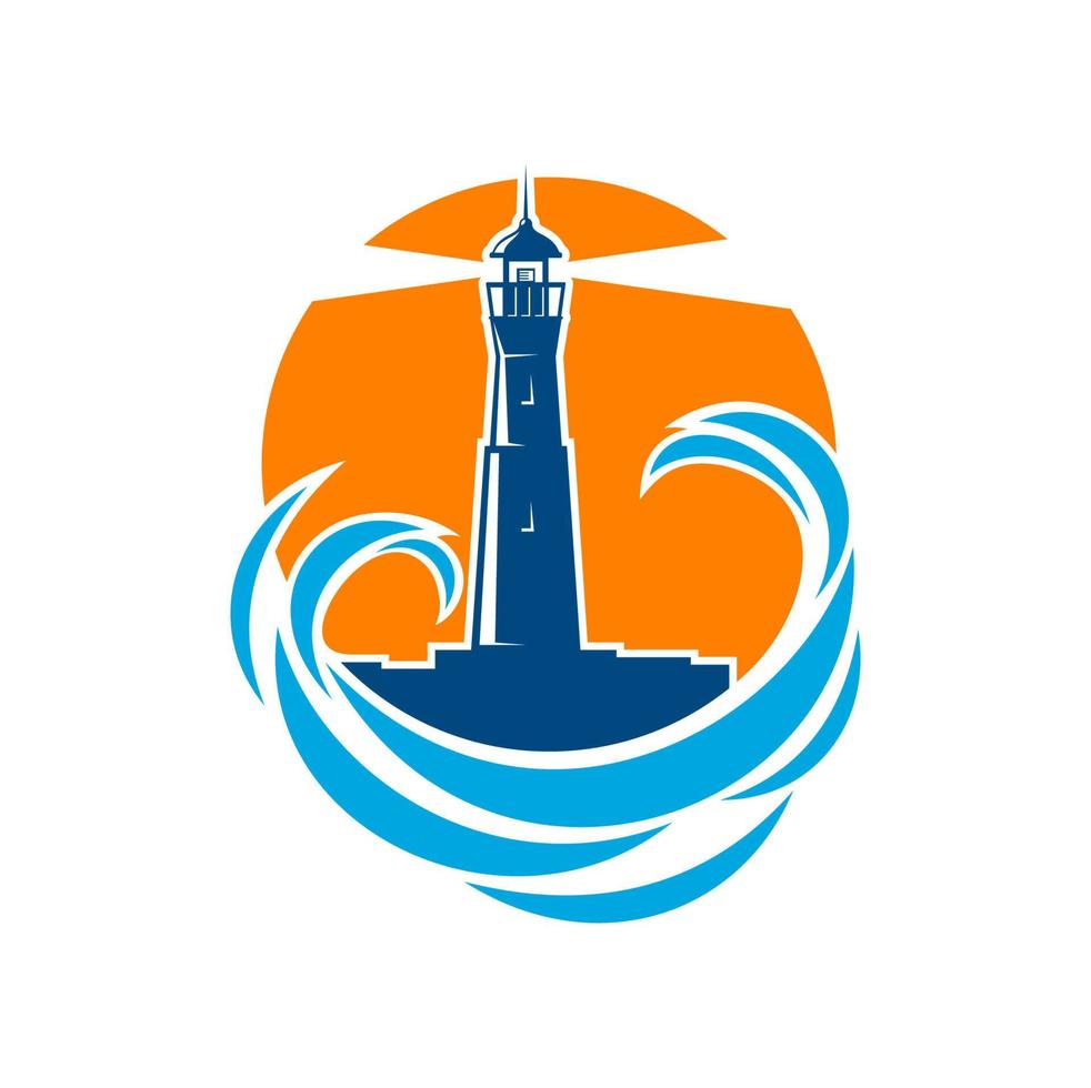 Lighthouse or beacon with sea and ocean waves vector