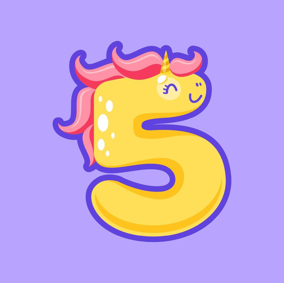 5 5 dígito número cinco figura unicornio linda animal vector