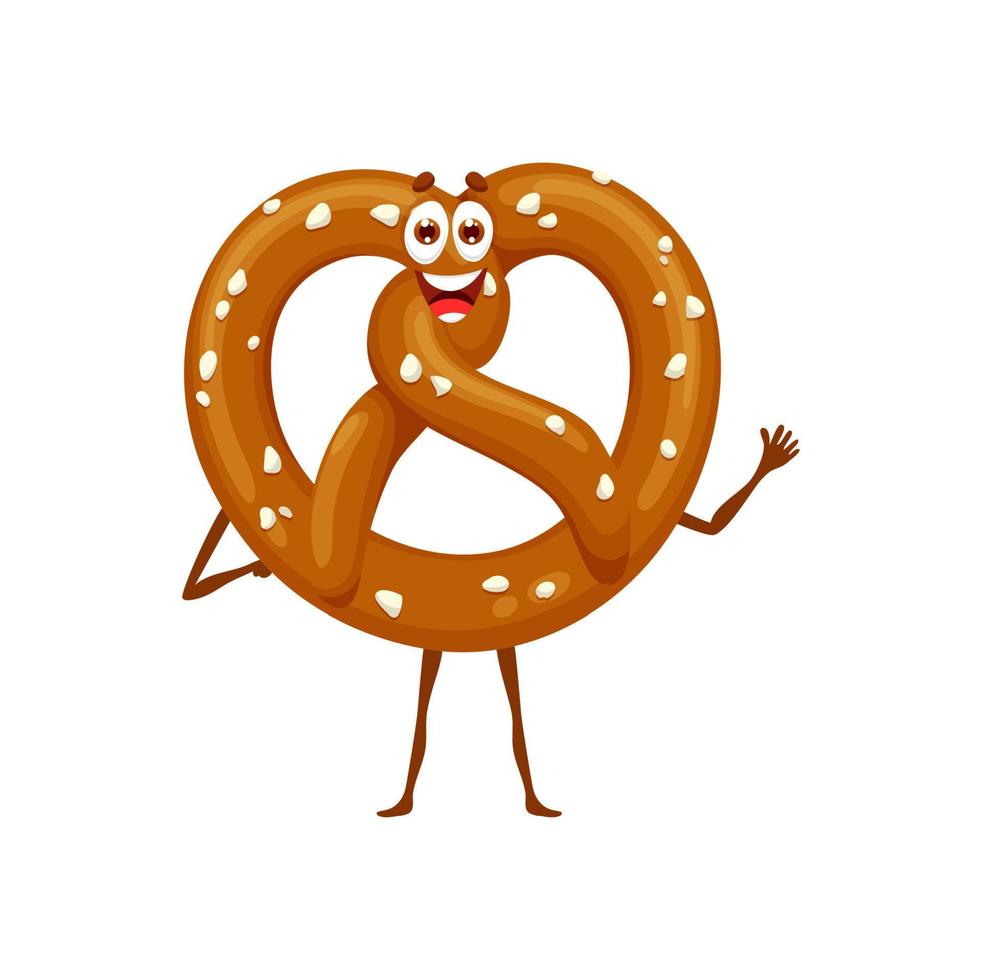 Cartoon pretzel character, funny bakery bread vector