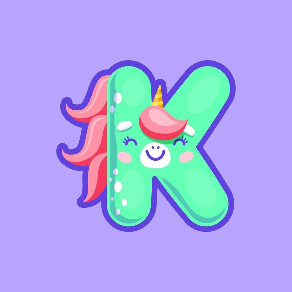 letra k unicornio, niña alfabeto personaje en peluca vector