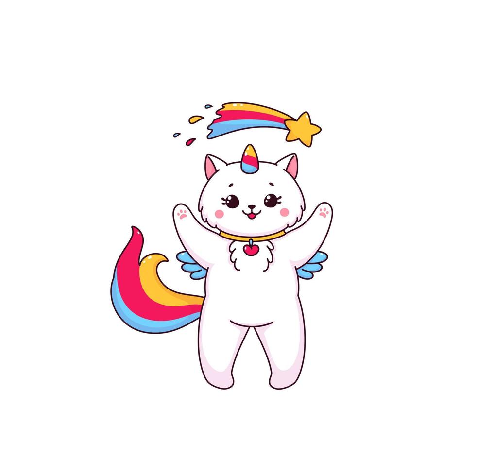 Cartoon cute caticorn character play with comet vector