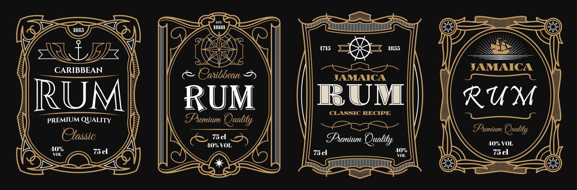 Vintage rum label frames, sugar cane alcohol drink vector