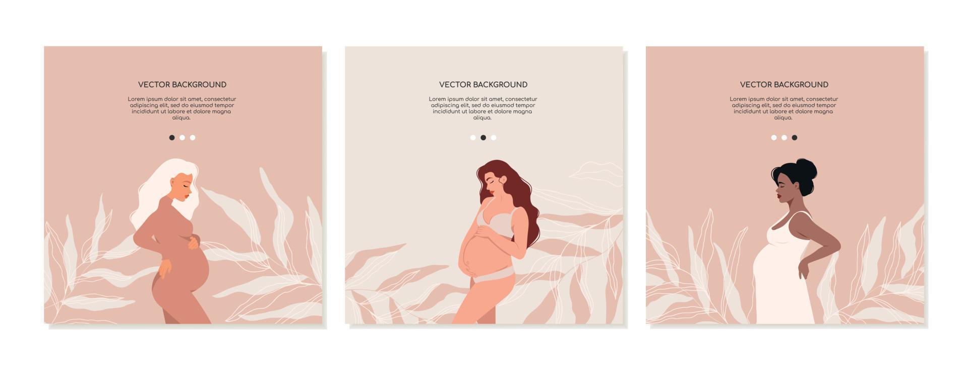 A set of square social media covers with a pregnant woman in nude colors. Concept of pregnancy and motherhood. Vector