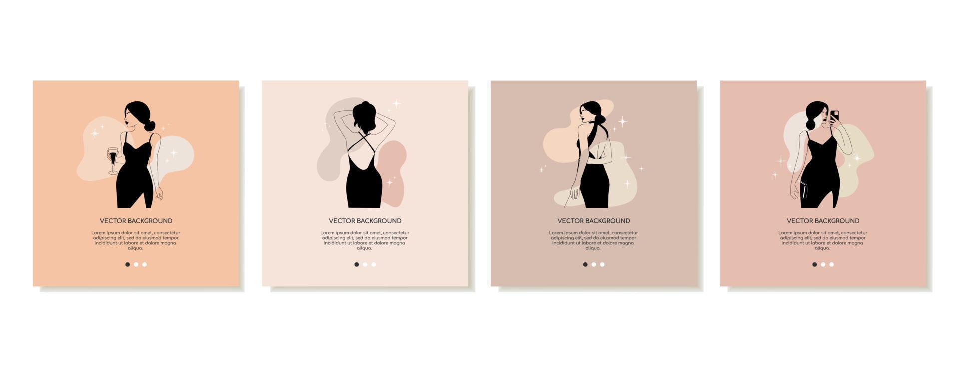 Set of modern vertical social media templates in nude colors for beauty industries. Elegant linear female figure in an evening dress. Vector