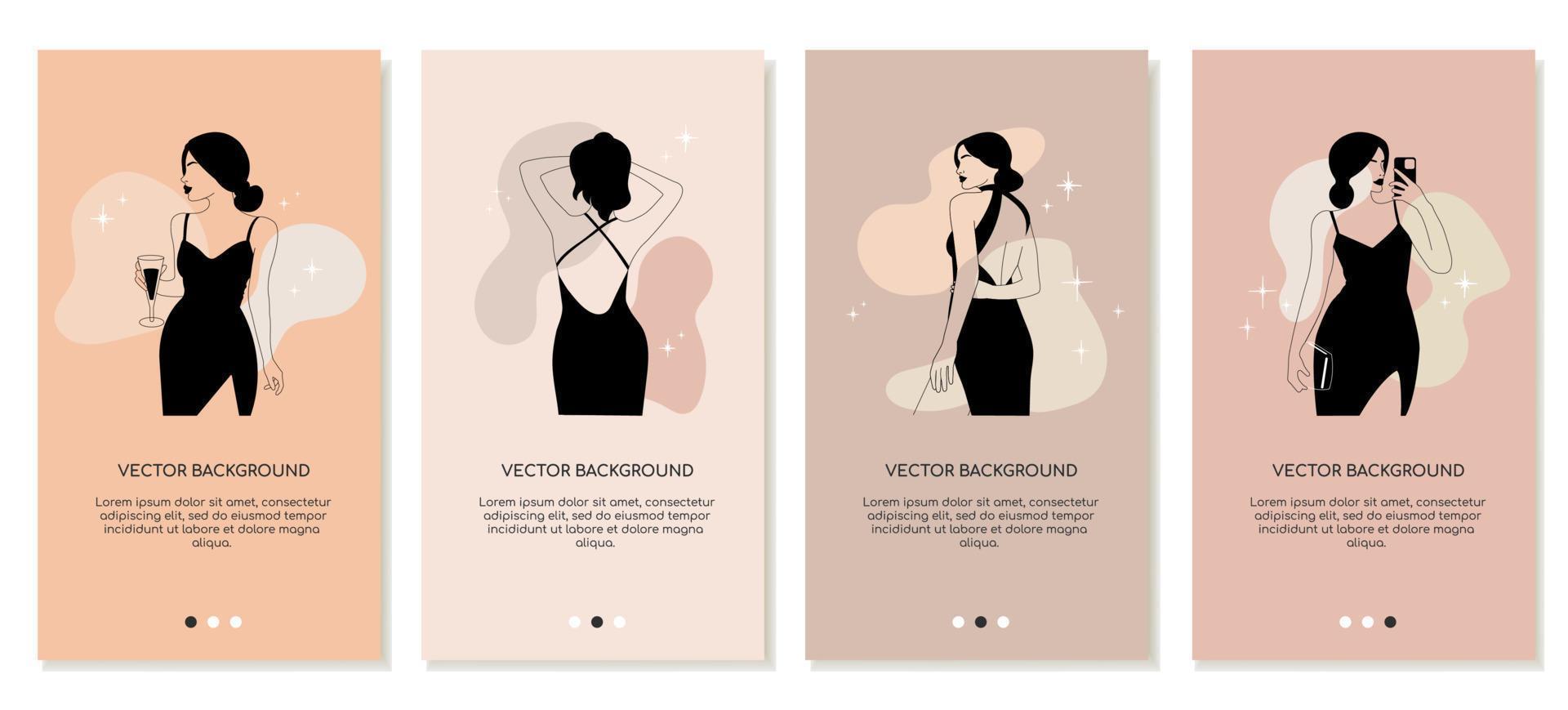 un conjunto de vertical plantillas para social medios de comunicación. elegante lineal hembra figura en un noche vestido. vector