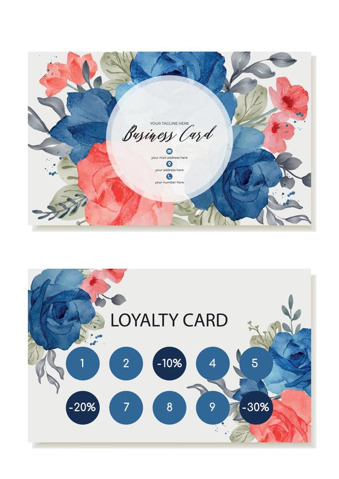 Loyalty discount client business card with watercolor blue roses. Vector template