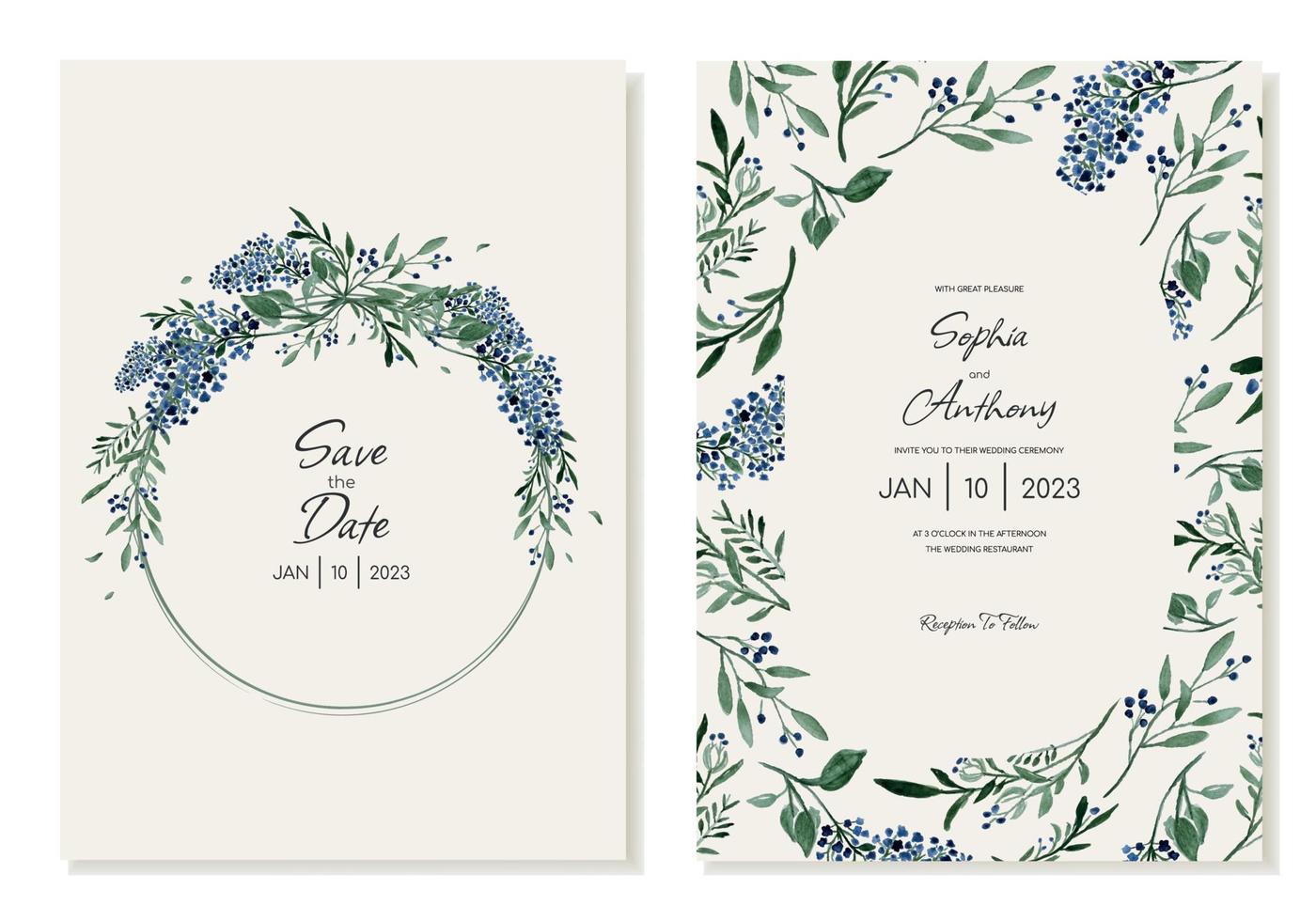 Set of Rustic Wedding Invitations with watercolor field blue flowers and leaves. Vector template