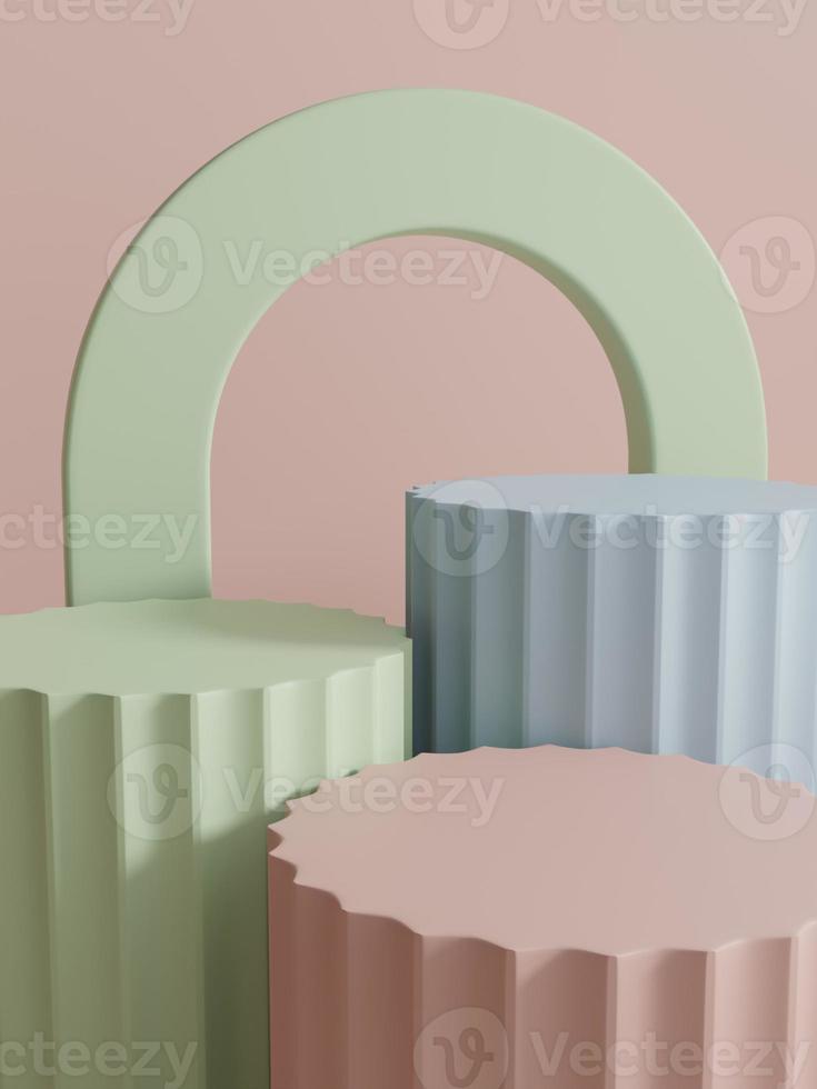 3D Rendering Multi Colors Studio Shot Product Display Background with Stacking Platform Blocks for Anniversary, Celebration or Party Events. Pink, Green and Blue. photo