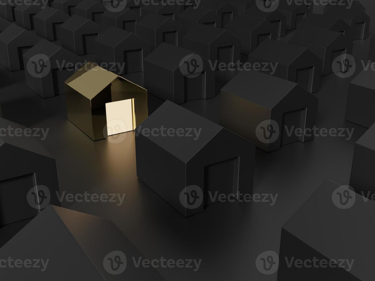 3D Rendering Studio Shot Miniature or Jigsaw Blocks Houses Background for Card, Poster or Web Banner. Black and Gold. photo