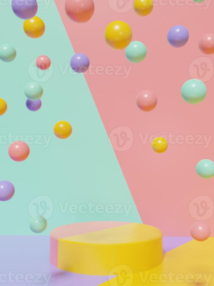 3D Rendering Multi Colors Product Display Background with Platform and Floating Spheres for Anniversary, Celebration or Party Events. Purple, Yellow, Pink and Turquoise. photo