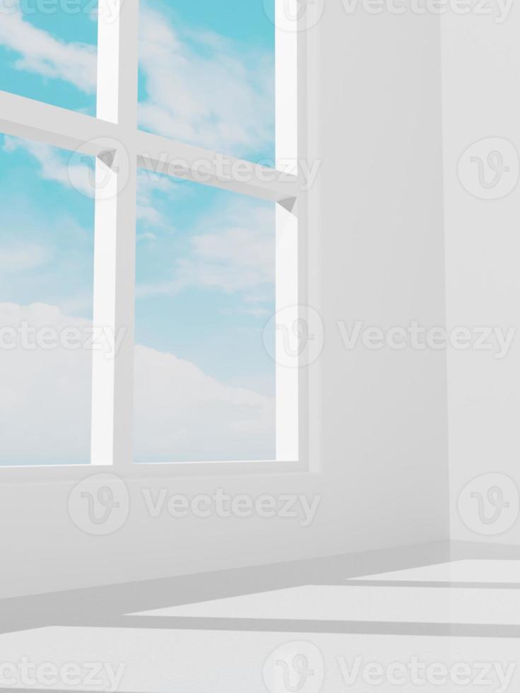 3D Rendering Studio shot indoor Sunlight, Sky and Shade under Window Blinds White Product Display Background for Beauty and Healthcare Products. photo