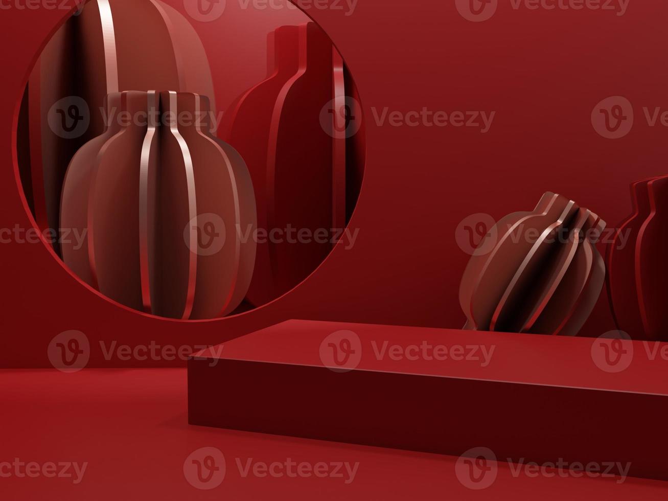 3D Rendering Monochrome Red Minimal Chinese Style Product Display Background for Lunar New Year, Moon or Dragon Boot Festival Events and Products. Chinese, Korea or Japanese Lantern Decoration. photo