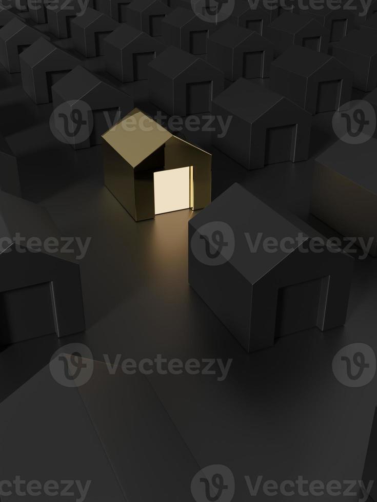 3D Rendering Studio Shot Miniature or Jigsaw Blocks Houses Background for Card, Poster or Web Banner. Black and Gold. photo