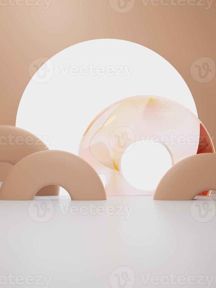 3D Rendering Asian, Chinese, Japanese or Korean Style Product Display Background. Shiny Moon, Watercolor Glass Screen and Paper Cutting Props for Festive Food, Beverage and Beauty Products. photo