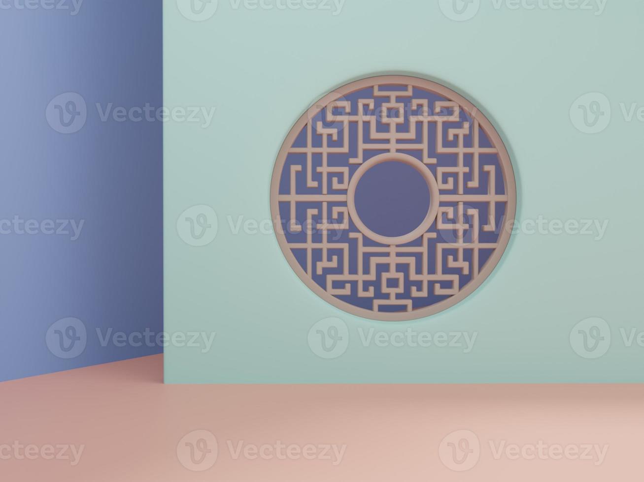 3D Rendering Asian, Chinese, Japanese or Korean Style Product Display Background. Pastel Colors Round Wooden Window Frame and Paper Cutting Props for Festive Food, Beverage and Beauty Products. photo