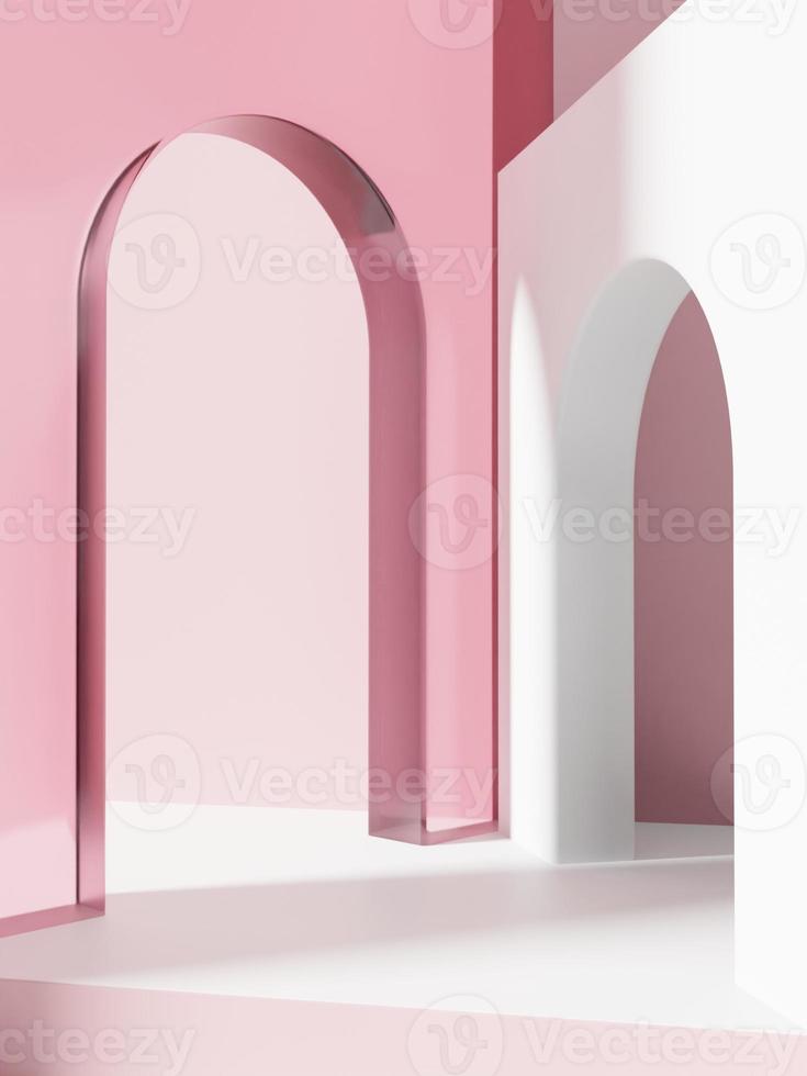 3D Rendering Retro Studio Shot Product Display Background with Transparent Pink Acrylic Arch for Beauty or Skincare Products. photo