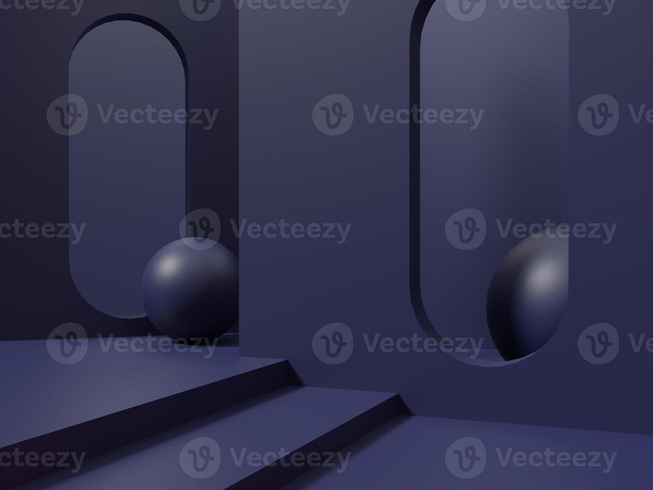 3D Rendering Monochrome Dark Blue or Green Studio Shot Product Display Background with Geometric Shapes and Platforms for Gadgets Electronics or Technological Products. photo
